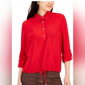 Tommy Hilfiger red roll-tab sleeve cinched string waist collared top Medium